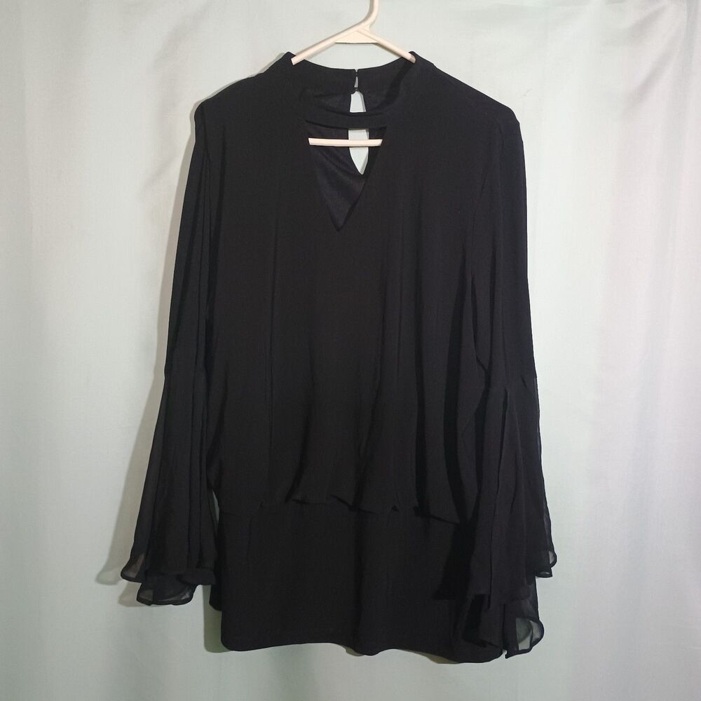 Womenβs Black Chiffon Bell Sleeve Blouse β V-Neck Layered Flowy Dressy Top